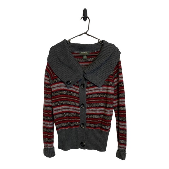 Eddie Bauer Women’s Large Gray and Red Cowl Neck Cardigan Sweater - Picture 1 of 6